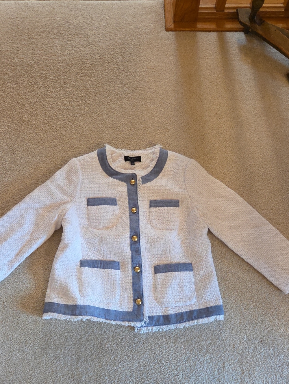Talbots 10P Textured White Jacket with Blue Trim and Gold Buttons